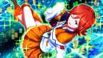  1girl blue_eyes boots breasts crossed_legs game_cg gloves hat hat_removed headwear_removed kaname_buccaneer knee_boots macross macross_delta official_art one_eye_closed orange_skirt partially_undressed red_hair short_hair skirt solo uniform uta_macross_sumaho_deculture white_gloves 