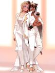  2girls adora_(she-ra) animal_ears blonde_hair blue_eyes brown_hair cat_ears cat_girl cat_tail catra commission couple fingerless_gloves gloves hair_slicked_back heterochromia high_heels highres holding_hands long_hair looking_at_another masters_of_the_universe multiple_girls sandals she-ra_and_the_princesses_of_power smile tail takamizo yellow_eyes yuri 