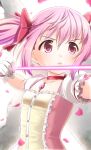  1girl bow bow_(weapon) gloves hair_ribbon highres kaname_madoka magical_girl mahou_shoujo_madoka_magica monznyan pink_eyes pink_hair ribbon short_twintails solo twintails weapon white_gloves 