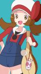  1girl :d bag black_legwear blush_stickers brown_eyes brown_hair commentary_request hat hat_ribbon highres holding_strap long_hair looking_at_viewer lyra_(pokemon) open_mouth overalls pokemon pokemon_(game) pokemon_hgss red_shirt ribbon shirt simple_background sleeves_past_elbows smile solo thighhighs tongue twintails white_headwear yellow_bag yuki_yukki12 