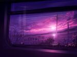  absurdres cloud cloudy_sky commentary_request highres indoors mountainous_horizon no_humans original plant power_lines purple_sky reflection scenery sky skyrick9413 sunset utility_pole window 
