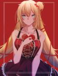  1girl akai_haato bangs bare_arms bare_shoulders blonde_hair blue_eyes bow breasts cleavage dress eyebrows_visible_through_hair hair_between_eyes hair_ornament hair_ribbon heart heart_hair_ornament highres hololive long_hair looking_at_viewer low_twintails one_side_up pleated_dress red_dress ribbon scar_on_neck simple_background sleeveless sleeveless_dress smile solo twintails upper_body very_long_hair virtual_youtuber wataron 