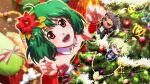  1girl :d brera_sterne christmas christmas_tree detached_collar fur_trim game_cg green_hair hair_ornament macross macross_frontier multicolored multicolored_nails nail_polish official_art oosanshouuo-san open_mouth ozma_lee pink_nails ranka_lee red_eyes smile uta_macross_sumaho_deculture yellow_nails 