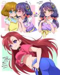  ... 3girls ahoge ass blue_pants blush bow breasts brown_hair choker closed_mouth dress eru expressionless from_behind from_below full-face_blush glasses hair_bow ichinose_minori jewelry kiss large_breasts long_hair looking_at_another looking_at_viewer low_tied_hair midriff multiple_girls multiple_views navel pants precure purple_hair purple_shirt red_bow red_hair ring round_eyewear shirt short_hair short_sleeves smile spoken_ellipsis suzumura_sango takizawa_asuka translation_request tropical-rouge!_precure twintails upper_body yellow_dress yuri 