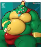  2018 4_fingers anthro barazoku bedroom_eyes belly biceps big_belly big_bulge big_pecs bracelet bulge cape claws clothing crocodile crocodilian crocodylid crown digital_media_(artwork) donkey_kong_(series) fangs finger_claws fingers green_body green_scales hand_on_stomach hi_res holding_belly jewelry king king_k._rool kremling looking_at_viewer male musclegut muscular muscular_anthro muscular_male narrowed_eyes naughtybigdog navel nintendo open_mouth open_smile outie_navel overweight overweight_anthro overweight_male pecs pink_tongue pinup plantigrade pose red_clothing red_eyes red_underwear reptile royalty scales scalie seductive signature sitting smile solo thick_thighs thong tongue underwear video_games white_claws 