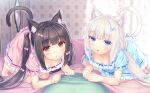  1boy 2girls :&lt; animal_ear_fluff animal_ears bangs bed bed_sheet bedroom blue_eyes blunt_bangs blush bow brown_eyes brown_hair cat_ears cat_girl cat_tail chestnut_mouth chocola_(nekopara) ear_grab eyebrows_visible_through_hair game_cg highres long_hair looking_at_viewer lying mirror multiple_girls nekopara pajamas petting pov sayori_(neko_works) tail vanilla_(nekopara) white_hair 