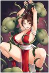  1girl absurdres alien armpits arms_up blush breasts brown_eyes brown_hair dootmoon fatal_fury highres large_breasts metal_slug ninja ponytail restrained shiranui_mai sleeveless sweat tentacles the_king_of_fighters 