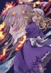  2girls bangs blonde_hair bow closed_mouth dress embers eyebrows_visible_through_hair fire flower fujiwara_no_mokou hair_between_eyes hair_bow hat highres long_hair looking_back looking_to_the_side maribel_hearn mob_cap mokoiscat multiple_girls purple_dress purple_eyes red_eyes silver_hair standing touhou upper_body 