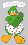  anthro avian balls big_balls big_penis bird bird_feet boxers_(clothing) clothing dialogue disney erection feathers genitals green_body green_feathers grey_background huge_balls huge_penis inisuu jos&eacute;_carioca male parrot penis simple_background solo unavailable_at_source underwear 