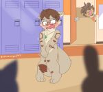  anthro brown_hair covering covering_self dipstick_tail embarrassed exhibitionism exposed eyewear glasses hair humiliation jewelry male mammal markings_(fur) multicolored_tail necklace nude public rodent school sciurid tail_between_legs unboxyguy 