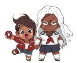  2girls asahina_aoi bandaged_leg bandages bangs blue_eyes breasts brown_hair collarbone danganronpa:_trigger_happy_havoc danganronpa_(series) dark_skin doughnut food frown hair_ornament hairclip holding holding_another&#039;s_arm holding_food jacket long_hair looking_at_viewer moosopp multiple_girls oogami_sakura open_clothes open_jacket open_mouth red_jacket sailor_collar scar scar_on_face school_uniform shirt short_hair shorts simple_background skirt small_breasts standing standing_on_one_leg symbol_commentary white_background white_hair white_shirt 