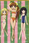  3girls :d absurdres adjusting_clothes adjusting_swimsuit ahoge aono_atsushi arm_behind_head arm_up armpits asymmetrical_hair bangs barefoot beach beret bikini bikini_bottom black_hair blonde_hair blue_eyes blunt_bangs blush bow breast_hold breasts brown_eyes brown_hair child covering crossed_legs doujin_work embarrassed feet flat_chest foreshortening frilled_bikini frills from_above hair_bow hat highres kitano_sora legs lineup long_hair long_legs looking_at_viewer lying multiple_girls navel official_art on_back one-piece_swimsuit one_side_up open_mouth osana_najimi outdoors outstretched_arm parted_bangs pen ponytail red_eyes scan school_swimsuit scrunchie short_hair side-tie_bikini side_ponytail sidelocks sitting smile string_bikini striped swimsuit teenage thigh_gap topless tsuyuri untied very_long_hair white_bikini 