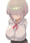  arms_behind_back bangs breasts button_gap covered_eyes hair_over_eyes huge_breasts mikasayaki open_mouth oppai_loli shirt short_hair skirt uzaki-chan_wa_asobitai! uzaki_yanagi white_background white_hair white_shirt 