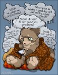  2021 ambiguous_gender anthro anxiety bedding blanket blue_background bodily_fluids brown_body brown_fur crying cushion dialogue english_text fur green_eyes ipad mammal nude o-kemono simple_background solo tan_body tan_fur tears text thought_bubble unknown_species url 