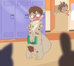  anthro brown_hair covering covering_self dipstick_tail embarrassed exhibitionism exposed eyewear glasses hair humiliation jewelry male mammal markings_(fur) multicolored_tail necklace nude public rodent school sciurid tail_between_legs unboxyguy 