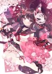  1girl ahoge animal_ear_fluff animal_ears aoi_yugina bangs blush cherry_blossoms choker closed_mouth eyebrows_visible_through_hair floral_print flower fox_ears fox_mask fox_tail full_body hair_flower hair_ornament highres holding holding_umbrella katana long_hair looking_at_viewer mask original petals pleated_skirt purple_eyes purple_hair purple_neckwear purple_umbrella school_uniform serafuku shiny shiny_hair shirt skirt smile solo sword tail thighhighs umbrella weapon white_legwear white_shirt 