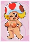  &lt;3 areola big_areola big_breasts big_nipples blonde_hair blush breasts female genitals hair hand_behind_head hand_on_hip hi_res humanoid looking_at_viewer mario_bros nintendo nipples not_furry nude one_eye_closed paper_mario pussy short_stack simple_background smile solo thisnameistaken toad_(mario) vanna_t. video_games wide_hips wink 