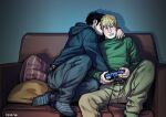  2boys belt biting black_hair black_hoodie black_pants blonde_hair blue_eyes blush controller couch couple cris_art dualshock ear_biting earrings game_controller gamepad green_pants green_shirt groping hand_under_clothes holding holding_controller hood hood_down hoodie hulkling jewelry male_focus marvel multiple_boys on_couch pants playstation_controller shirt short_hair sideburns sitting socks wiccan yaoi 