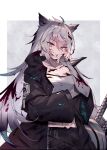  1girl animal_ears arknights blood coat finger_licking hair_ornament hairclip lappland_(arknights) licking long_hair long_sleeves looking_at_viewer silver_eyes silver_hair smile solo soukou_makura strapless tubetop wolf wolf_ears 