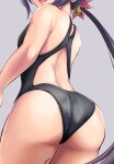  1girl absurdres akebono_(kancolle) ass ass_focus bare_back bare_shoulders bell black_swimsuit close-up commentary_request competition_swimsuit cowboy_shot flower from_behind hair_bell hair_flower hair_ornament highres jingle_bell kantai_collection long_hair looking_at_viewer looking_back one-piece_swimsuit open_mouth purple_hair side_ponytail solo standing swimsuit very_long_hair yellow_quokka 