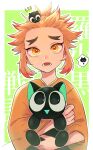  1boy animal big_eyes black_cat black_eyes blonde_hair border cat commentary_request crossover fangs forehead forked_eyebrows green_background hair_up heixiu highres holding holding_animal holding_cat japanese_clothes kameoka908 kimetsu_no_yaiba kimono lower_teeth_only luo_xiaohei luo_xiaohei_(cat) luo_xiaohei_zhanji male_focus multicolored_hair open_mouth parted_lips ponytail red_hair rengoku_senjurou sidelocks teeth thick_eyebrows tsurime two-tone_hair upper_body white_background white_border yellow_eyes yellow_kimono 