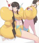  1girl absurdres aqua_eyes black_hair commentary_request elesa_(pokemon) emolga gen_5_pokemon gradient gradient_background grey_background headphones highres holding holding_poke_ball long_hair looking_at_viewer navel nuneno poke_ball poke_ball_(basic) pokemon pokemon_(creature) pokemon_(game) pokemon_bw2 sitting smile sports_bra sportswear 