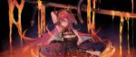  1girl arknights bare_shoulders black_dress demon_girl demon_horns dress highres horns long_hair looking_at_viewer mayf42 molten_rock red_hair skirt solo surtr_(arknights) sword weapon 