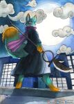  2019 absurd_res anthro biped detailed_background digitigrade full_moon hi_res holding_object holding_weapon looking_back looking_down male moon murazaki painting_(artwork) paws rear_view rooftop smile solo standing traditional_media_(artwork) watercolor_(artwork) weapon 