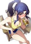  1girl bangs bare_legs barefoot beer_can blue_hair blue_shorts blush breasts can chair cleavage commentary denim denim_shorts from_above holding holding_can katsuragi_misato long_hair looking_at_viewer medium_breasts neon_genesis_evangelion open_mouth parted_bangs ponytail red_eyes saeki_shun short_shorts shorts sidelocks simple_background sitting sleeveless solo table tank_top thighs white_background yellow_tank_top 