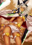  1girl akai_kagerou belt beltbra cameltoe cape dark_skin dark_skinned_female guilty_gear guilty_gear_xrd legs midriff navel ramlethal_valentine shorts thigh_strap white_cape white_hair white_headwear white_shorts yellow_eyes 