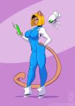  2021 anthro blonde_hair blue_eyes boots breasts clothed clothing conditional_dnp domestic_cat felid feline felis female footwear fully_clothed fur hair jollyjack jumpsuit machine mammal purple_background simple_background tablet tan_body tan_fur text url 