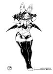  2019 absurd_res anthro biped blush bottomwear breasts clothing female full_length_portait greyscale hair hi_res legwear long_hair looking_at_viewer midriff miniskirt monochrome murazaki navel navel_piercing paws piercing simple_background skirt smile solo standing succubus_costume thigh_highs unknown_species white_background wings 
