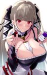  1girl azur_lane bare_shoulders black_dress black_nails breasts cellphone cleavage digital_media_player dress earphones earrings formidable_(azur_lane) frilled_dress frills gothic_lolita hair_ribbon highres holding holding_earphones holding_phone jewelry large_breasts lolita_fashion long_hair looking_at_viewer neckwear_between_breasts phone platinum_blonde_hair red_eyes ribbon simple_background single_earphone_removed smartphone solo twintails two-tone_dress two-tone_ribbon very_long_hair wee_(weeyy) white_background white_neckwear 