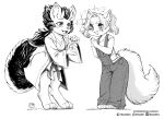  2019 absurd_res anthro biped canid canine chibi clothing digitigrade duo felid feline female greyscale hair hi_res horn magic male mammal monochrome murazaki overalls paws robe sparkles standing 
