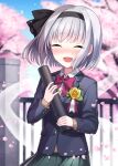  1girl :d ^_^ black_bow black_hairband black_ribbon blue_jacket blush bow bowtie closed_eyes diploma fence full-face_blush graduation green_skirt hair_ribbon hairband happy_tears jacket konpaku_youmu konpaku_youmu_(ghost) open_mouth petals ribbon school_uniform short_hair silver_hair skirt smile suzuno_naru tears touhou 