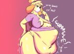  abdominal_bulge animal_crossing anthro belly belly_expansion big_breasts breasts canid canine canis clothing digestion digestion_noises domestic_dog english_text expansion female isabelle_(animal_crossing) mammal nintendo overweight pretaxrat159 rumbling_stomach solo text thick_thighs torn_clothing video_games vore 