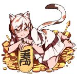  1girl :3 animal_ears barefoot bell blush brown_hair calico cat_ears cat_girl cat_tail character_request eyebrows_visible_through_hair gold jingle_bell koban_(gold) looking_at_viewer mefomefo multicolored_hair orange_eyes short_hair simple_background solo tail touhou two-tone_hair unconnected_marketeers white_background white_hair 