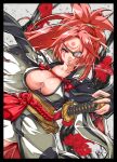  absurdres baiken breasts cleavage eyepatch facepaint guilty_gear guilty_gear_xrd highres holding holding_weapon japanese_clothes katana kimono kirimoto_takamitsu long_hair looking_at_viewer pink_eyes pink_hair ponytail sword very_long_hair weapon 