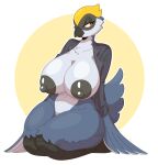  2021 anthro areola avian beak big_breasts bird black_areola black_nipples blue_body blue_feathers bottomless breasts chest_tuft clothed clothing eyelashes feathers female hi_res huge_breasts kneeling looking_aside multicolored_body multicolored_feathers nipples non-mammal_breasts open_clothing open_shirt open_topwear orange_eyes puffy_areola puffy_nipples shirt slightlysimian solo thick_thighs topwear tuft two_tone_body two_tone_feathers white_body white_feathers wide_hips 