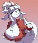  alcohol anthro bent_over beverage big_breasts bottomless bovid breasts caprine chest_tuft cleavage clothed clothing female fur goat goat_lucifer_(helltaker) hair hi_res holding_breast huge_breasts mammal solo straining_buttons thick_thighs tuft unyin white_body white_fur white_hair wine wine_glass 