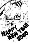  2020 abstract_background ambiguous_gender anthro clothing english_text eyewear fur glasses greyscale hair hat headgear headshot_portrait headwear hi_res looking_at_viewer monochrome murazaki neck_tuft party_hat portrait solo star text tuft unknown_species 