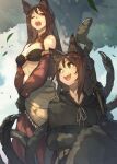  2girls animal_ear_fluff animal_ears bangs black_gloves breasts brown_hair capelet cleavage detached_sleeves fantasy gloves green_eyes hide_(hideout) highres leaf long_hair looking_at_another looking_at_viewer medium_breasts multiple_girls one_eye_closed open_mouth original paws revealing_clothes sitting staff standing wind 