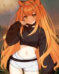  1girl absurdres animal_ears bangs black_jacket brown_eyes cropped_jacket eyebrows_behind_hair hand_on_own_cheek hand_on_own_face highres indie_virtual_youtuber jacket light_blush long_hair midriff moofie_(vtuber) navel orange_hair short_shorts shorts sleeves_past_fingers sleeves_past_wrists solo tiger_ears tiger_girl very_long_hair virtual_youtuber white_shorts yuniiho 