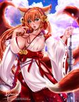  animal_ears cysh kitsune miko nipples no_bra reivash see_through tail 