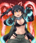  1girl baggy_pants bangs bikini bikini_top black_bikini black_coat black_hair blush breasts cleavage coat collarbone commentary_request cowboy_shot en&#039;en_no_shouboutai eyebrows_visible_through_hair fiery_ears fiery_tail fire gloves gradient gradient_background grey_pants hair_between_eyes hands_up highres hip_vent large_breasts long_hair long_sleeves looking_at_viewer m.m metal_gloves midriff navel open_clothes open_coat open_mouth pants purple_fire sidelocks solo standing swimsuit tail tamaki_kotatsu teeth twintails visor_(armor) yellow_eyes 