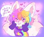  &lt;3 &lt;3_eyes accessory ambiguous_gender anthro asian_mythology blush canid canine clothing conditional_dnp disembodied_hand east_asian_mythology eyes_closed fox fox_spirit fur hair hair_accessory hairclip happy hybrid ikitsunyan kitten_(ikitsunyan) lgbt_pride mammal mimiff multicolored_hair mythology nonbinary_(lore) pink_body pink_fur praise pride_colors rainbow solo speech_bubble sweater text tongue tongue_out topwear 