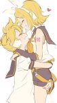  1boy 1girl arm_warmers arms_around_waist bangs bare_shoulders belt black_collar black_shorts black_sleeves blonde_hair bow closed_eyes collar collared_shirt commentary from_side grin hair_bow hair_ornament hairclip hands_on_shoulders heart highres hug kagamine_len kagamine_rin lifting_another m0ti neckerchief sailor_collar school_uniform shirt short_hair short_ponytail short_shorts short_sleeves shorts shoulder_tattoo sleeveless sleeveless_shirt smile spiked_hair swept_bangs tattoo twitter_username upper_body vocaloid white_background white_bow white_shirt yellow_neckwear 
