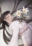  1girl bangs black_hair closed_eyes flower highres japanese_clothes kimono lily_(flower) long_hair original pekomi straight_hair very_long_hair white_kimono 