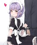  1boy 1girl alternate_costume apron brown_eyes enmaided formal idolmaster idolmaster_cinderella_girls koshimizu_sachiko looking_at_viewer looking_back maid maid_apron maid_headdress purple_hair short_hair sleeve_tug suit wataro_(watawatawatapon) watch white_background wrist_cuffs wristwatch 