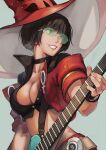  1girl bangs black_hair breasts choker cleavage electric_guitar guilty_gear guilty_gear_strive guitar hat hinoru_saikusa i-no instrument jacket large_breasts long_hair mole music playing_instrument red_headwear red_jacket red_lips short_sleeves smile sunglasses venus_symbol witch_hat 